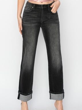 RISEN PLUS Black High-Rise Boyfriend Turn-Up Cuff Jean NEW